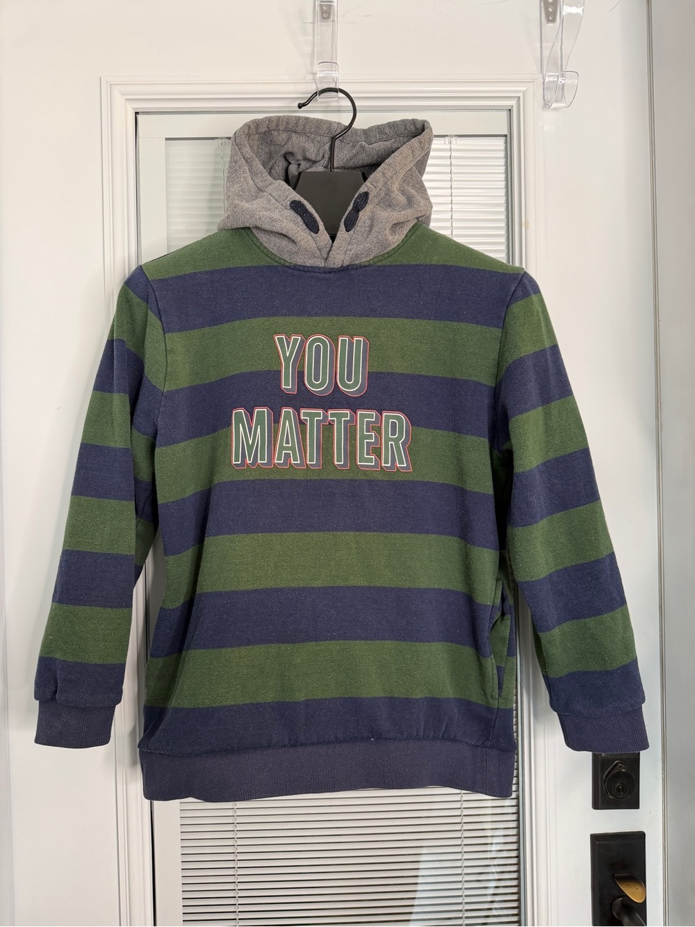 Nukutavake Mayoral Fleece Hoodie Boys Size 18/172 Blue Green Stripe “YOU MATTER”